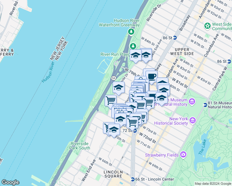 map of restaurants, bars, coffee shops, grocery stores, and more near 23 Riverside Drive in New York