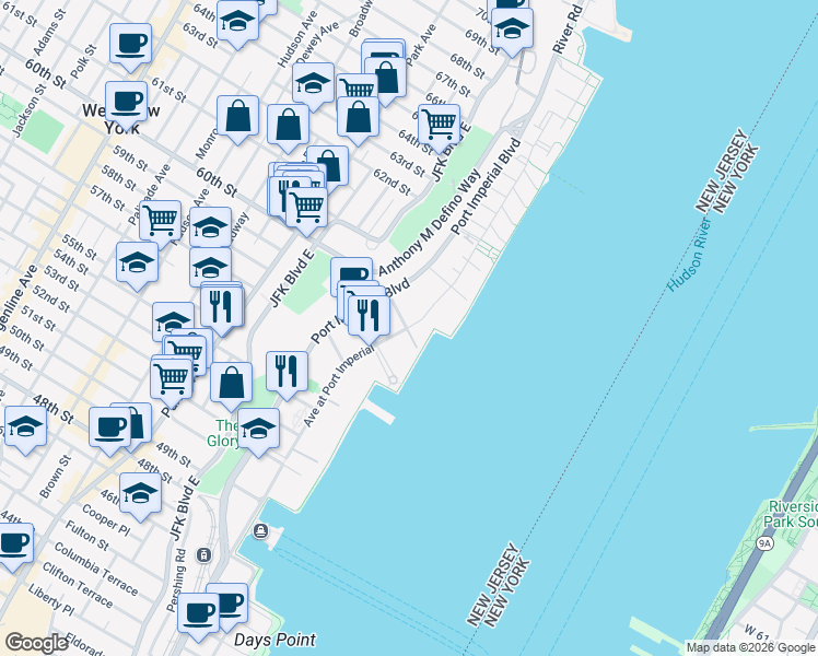 map of restaurants, bars, coffee shops, grocery stores, and more near 20 Avenue at Port Imperial in West New York