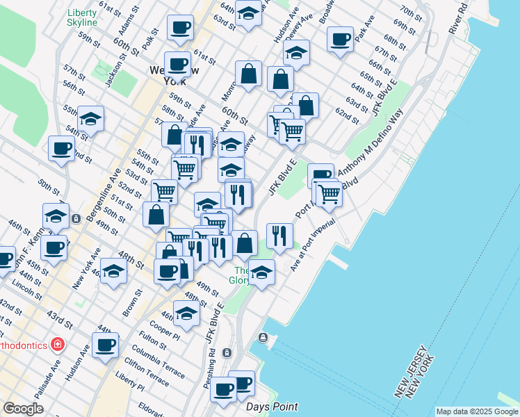 map of restaurants, bars, coffee shops, grocery stores, and more near 5404 Park Avenue in West New York