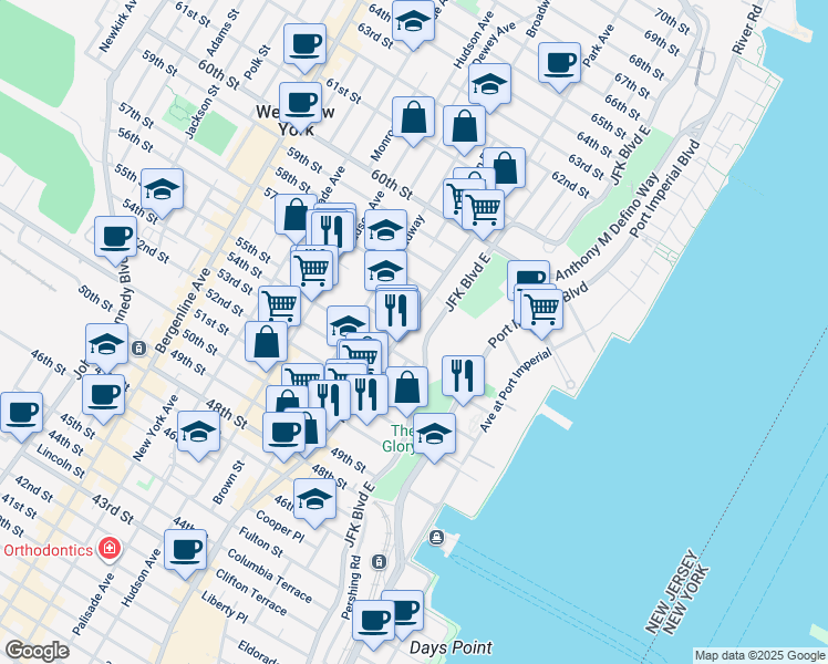 map of restaurants, bars, coffee shops, grocery stores, and more near 5404 Park Avenue in West New York