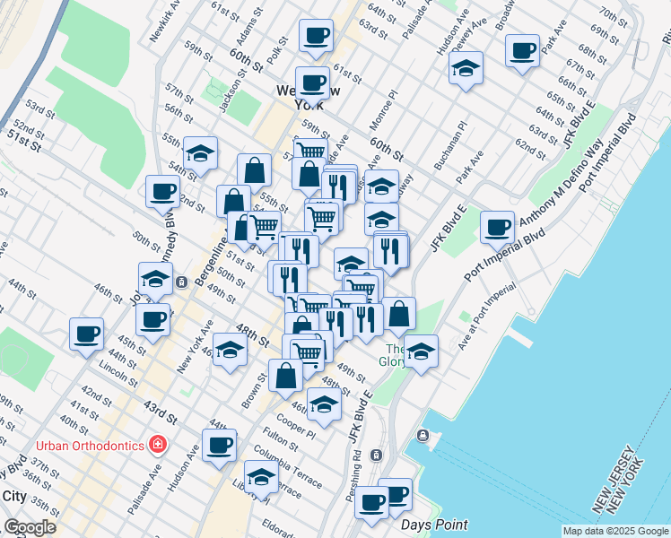 map of restaurants, bars, coffee shops, grocery stores, and more near 5300 Broadway in West New York