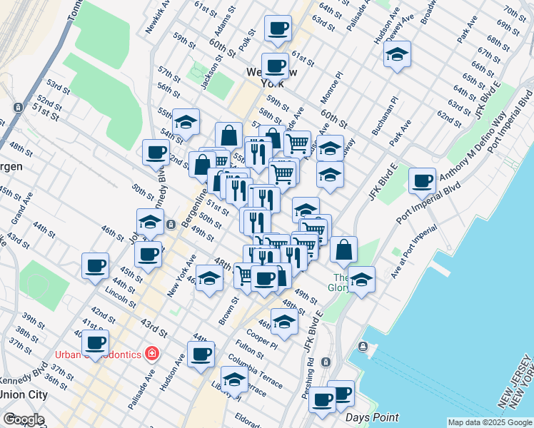 map of restaurants, bars, coffee shops, grocery stores, and more near 223 52nd Street in West New York