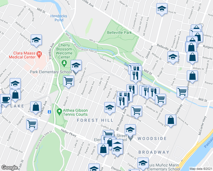 map of restaurants, bars, coffee shops, grocery stores, and more near 822 Parker Street in Newark