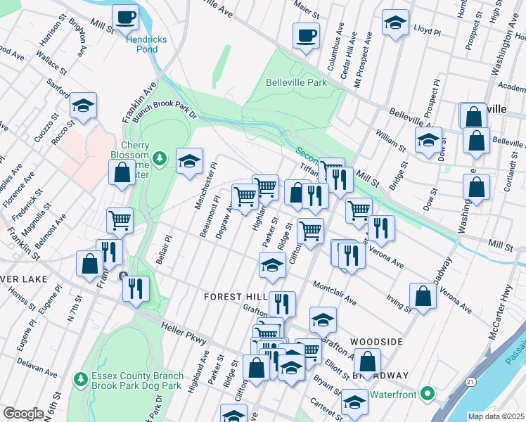map of restaurants, bars, coffee shops, grocery stores, and more near 822 Parker Street in Newark