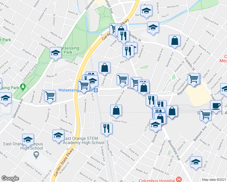 map of restaurants, bars, coffee shops, grocery stores, and more near 55 Arlington Avenue in Bloomfield