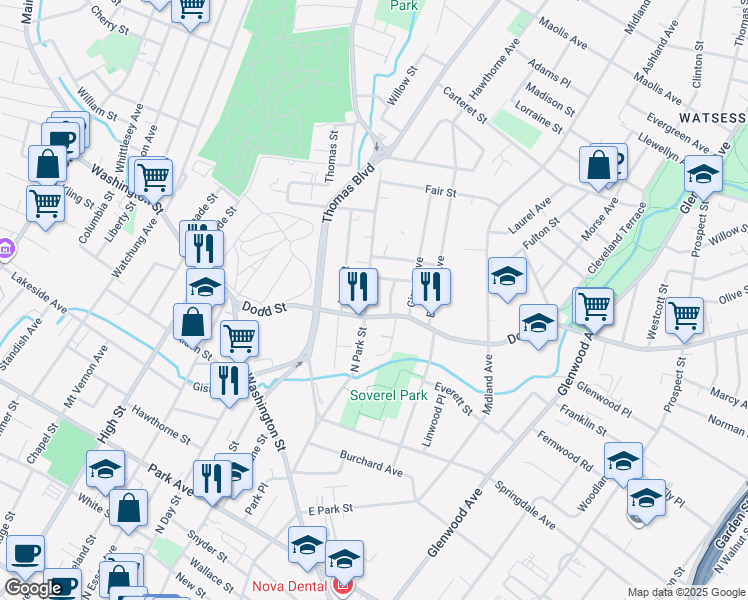 map of restaurants, bars, coffee shops, grocery stores, and more near in East Orange
