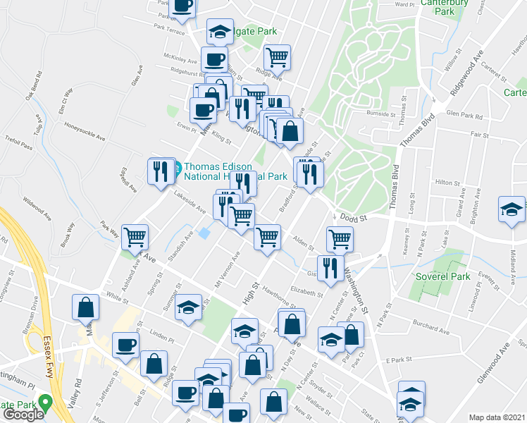 map of restaurants, bars, coffee shops, grocery stores, and more near 442 Alden Street in City of Orange
