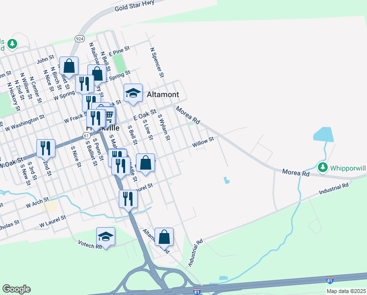 map of restaurants, bars, coffee shops, grocery stores, and more near 260 S Spencer St in Frackville