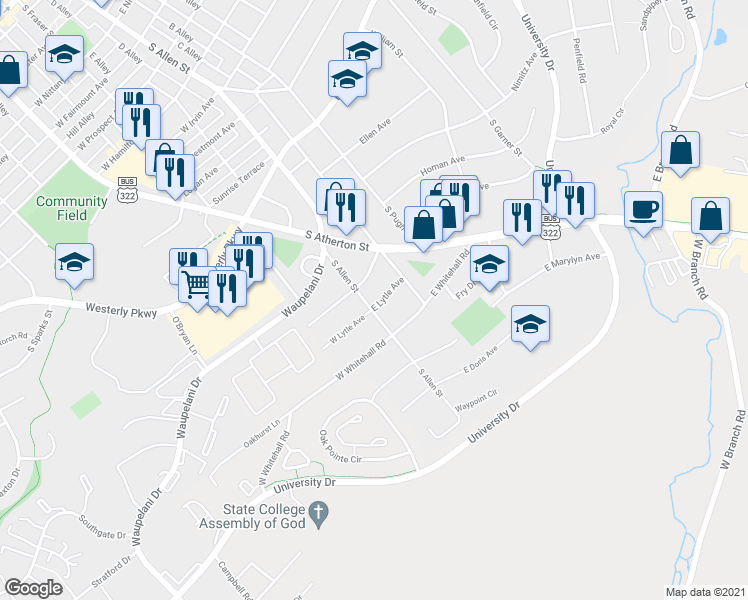 map of restaurants, bars, coffee shops, grocery stores, and more near 119 West Lytle Avenue in State College