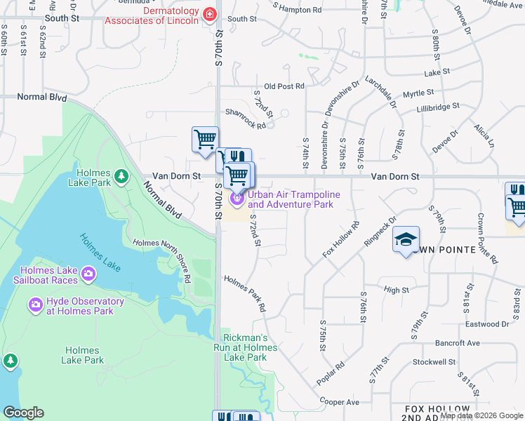 map of restaurants, bars, coffee shops, grocery stores, and more near 3040 South 72nd Street in Lincoln