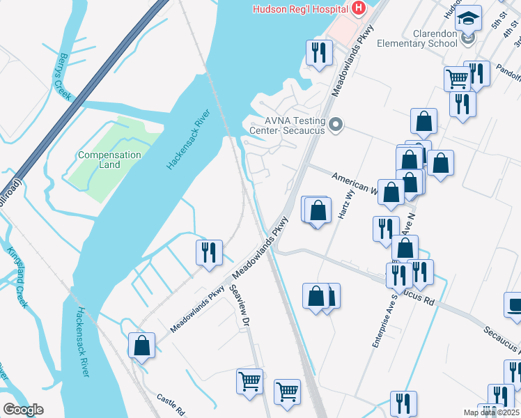map of restaurants, bars, coffee shops, grocery stores, and more near Harmon Cove Tower in Secaucus