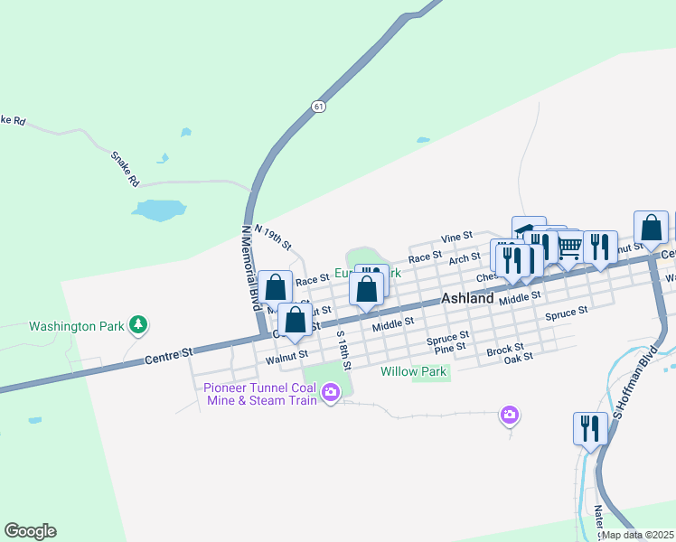 map of restaurants, bars, coffee shops, grocery stores, and more near 1739 Race Street in Ashland