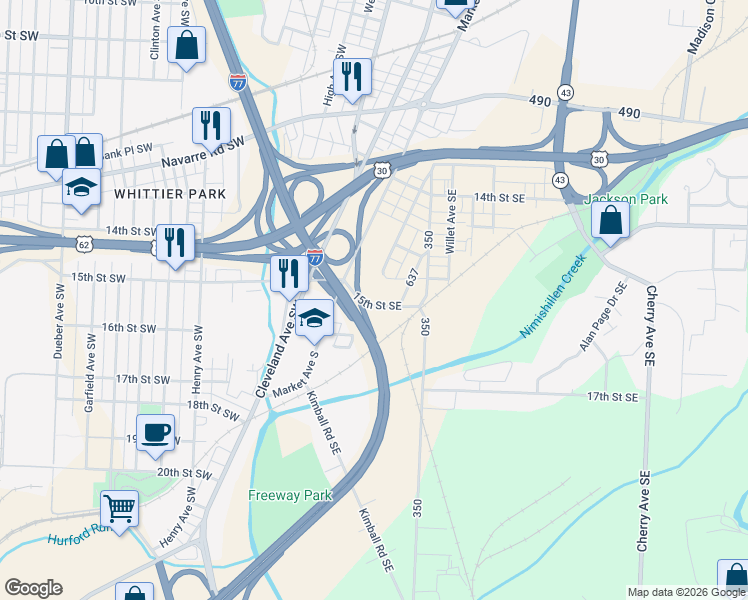 map of restaurants, bars, coffee shops, grocery stores, and more near 206 15th Street Southeast in Canton