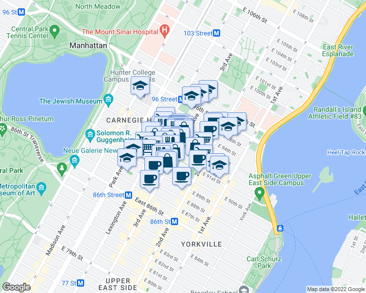 map of restaurants, bars, coffee shops, grocery stores, and more near 1645 3rd Avenue in New York