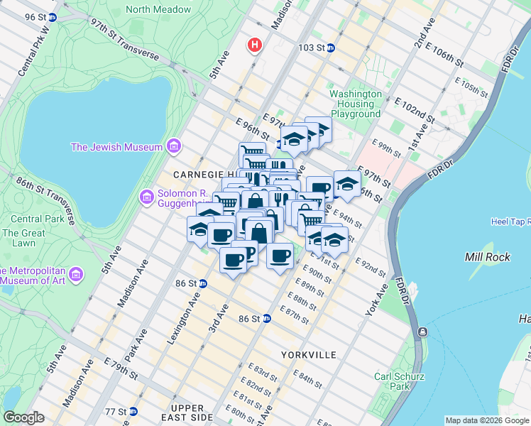 map of restaurants, bars, coffee shops, grocery stores, and more near 168 East 92nd Street in New York