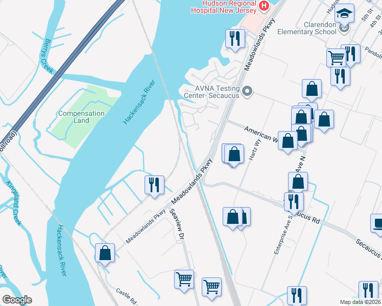 map of restaurants, bars, coffee shops, grocery stores, and more near 58 Harmon Cove Tower in Secaucus