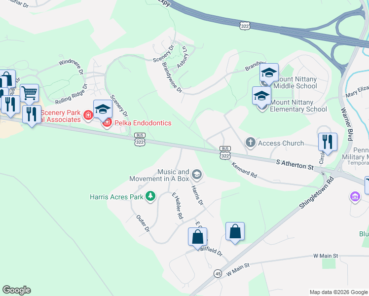 map of restaurants, bars, coffee shops, grocery stores, and more near 101 Hubler Road in State College