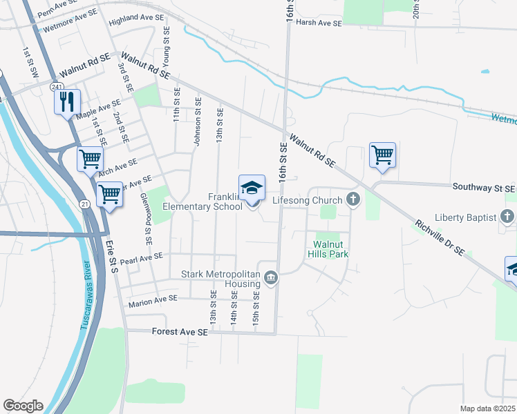 map of restaurants, bars, coffee shops, grocery stores, and more near 1237 16th Street Southeast in Massillon