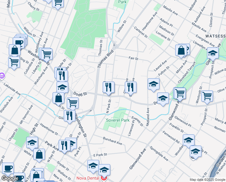 map of restaurants, bars, coffee shops, grocery stores, and more near in East Orange