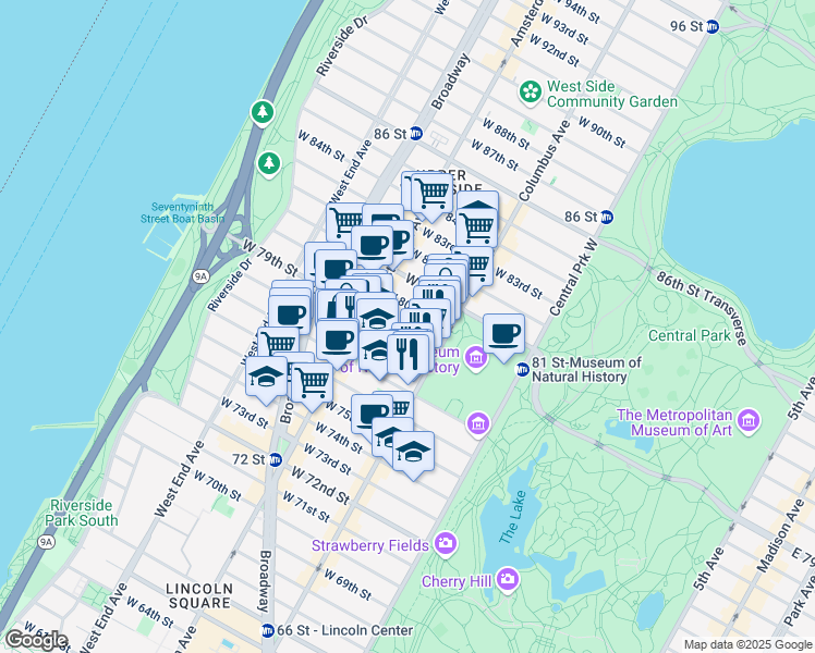 map of restaurants, bars, coffee shops, grocery stores, and more near 135 West 79th Street in New York