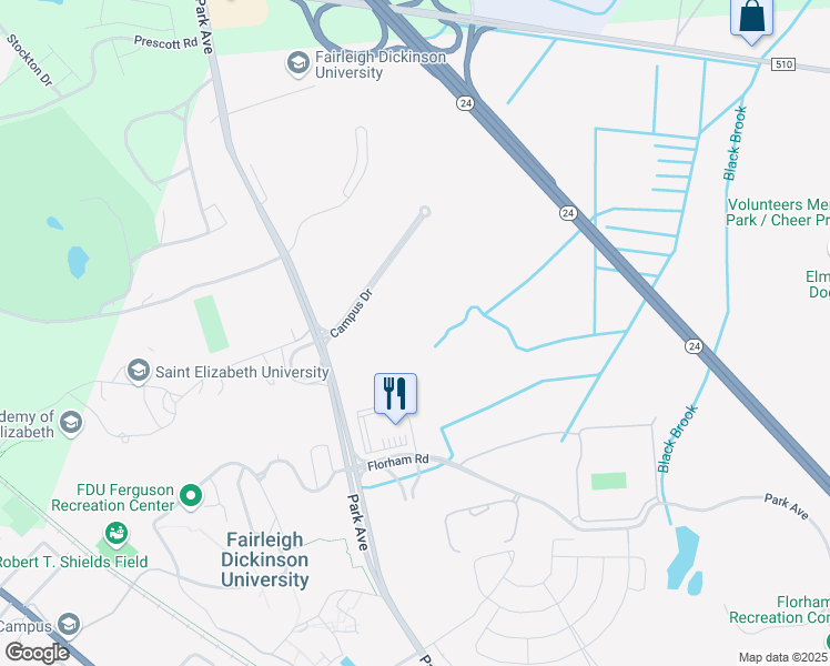 map of restaurants, bars, coffee shops, grocery stores, and more near 100 Campus Drive in Florham Park