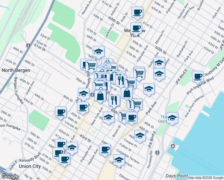 map of restaurants, bars, coffee shops, grocery stores, and more near 402 50th Street in West New York
