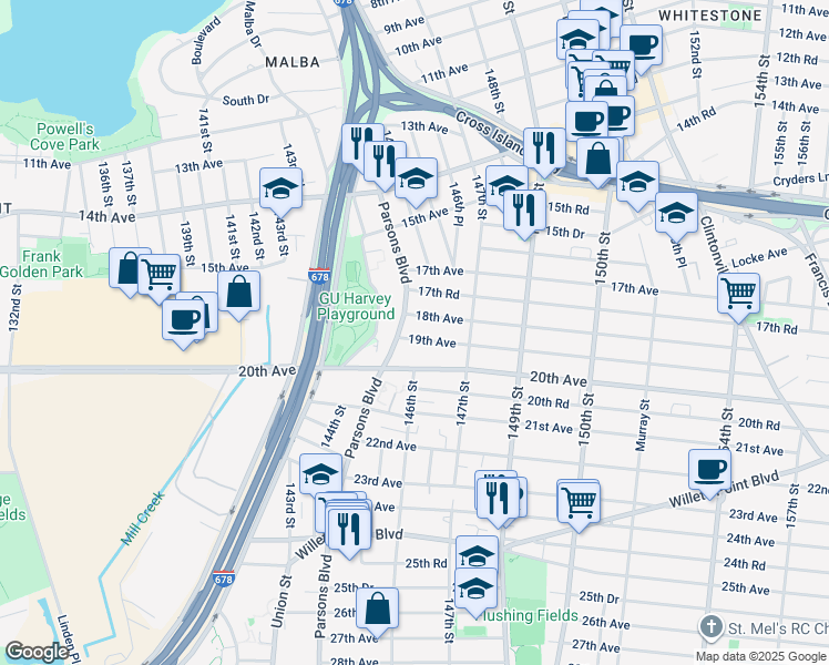 map of restaurants, bars, coffee shops, grocery stores, and more near 145-11 19th Avenue in Queens