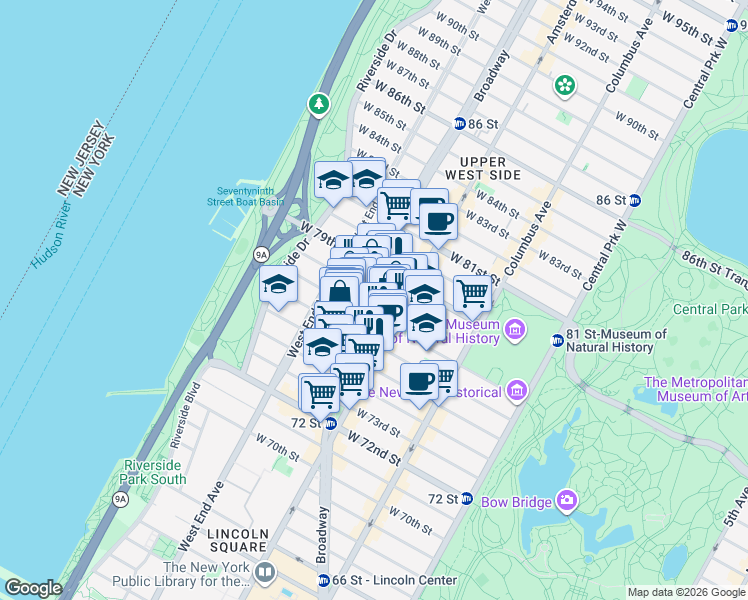 map of restaurants, bars, coffee shops, grocery stores, and more near 206 West 77th Street in New York
