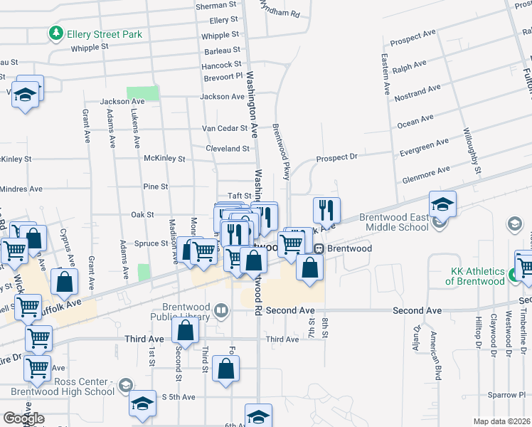 map of restaurants, bars, coffee shops, grocery stores, and more near 4 Brentwood Parkway in Brentwood