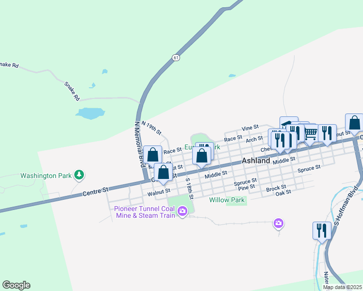 map of restaurants, bars, coffee shops, grocery stores, and more near 1739 Race Street in Ashland