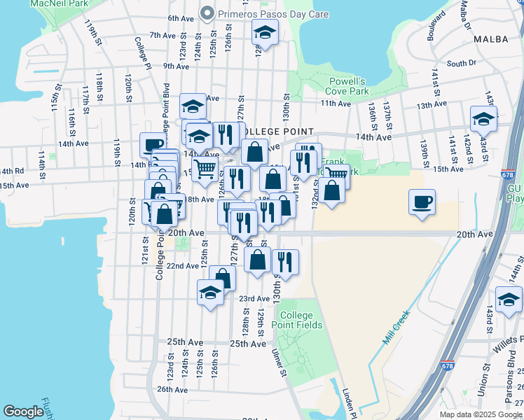 map of restaurants, bars, coffee shops, grocery stores, and more near 127-17 20th Avenue in Queens