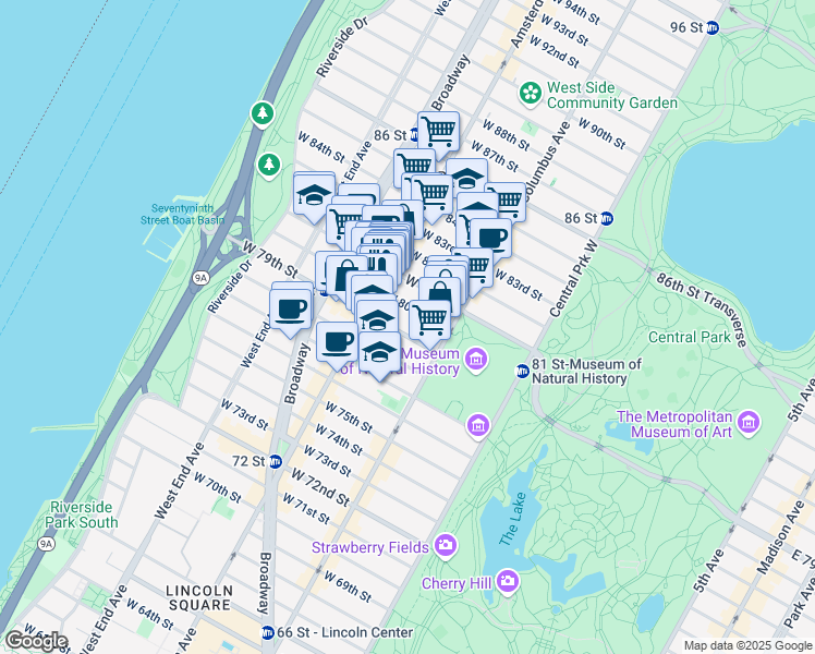 map of restaurants, bars, coffee shops, grocery stores, and more near 137 West 79th Street in New York