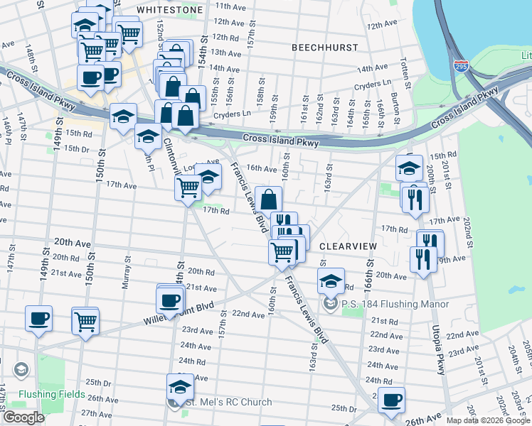 map of restaurants, bars, coffee shops, grocery stores, and more near 157-65 17th Avenue in Queens