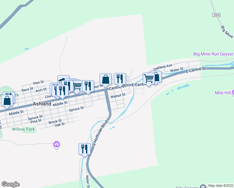 map of restaurants, bars, coffee shops, grocery stores, and more near 126 Middle Street in Ashland