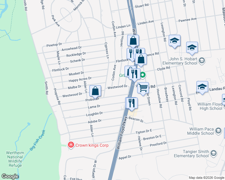 map of restaurants, bars, coffee shops, grocery stores, and more near 3 Corbin Avenue in Shirley
