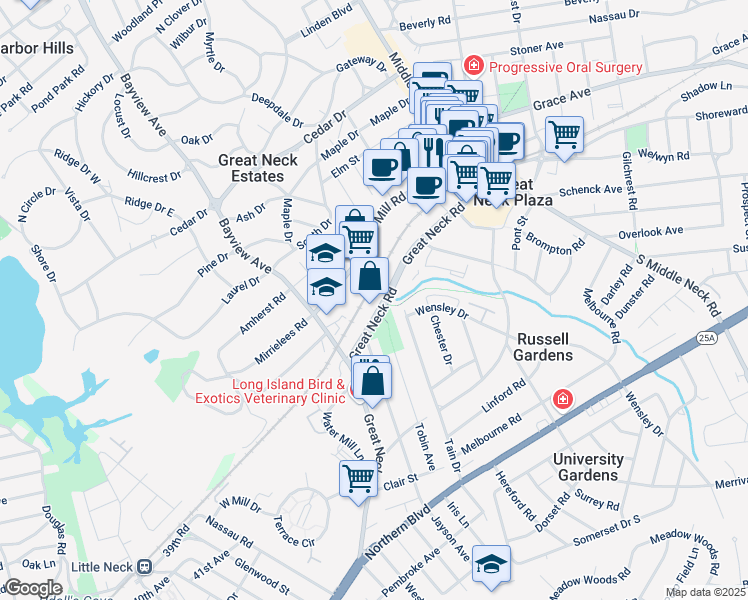map of restaurants, bars, coffee shops, grocery stores, and more near 98 Cuttermill Road in Great Neck Plaza