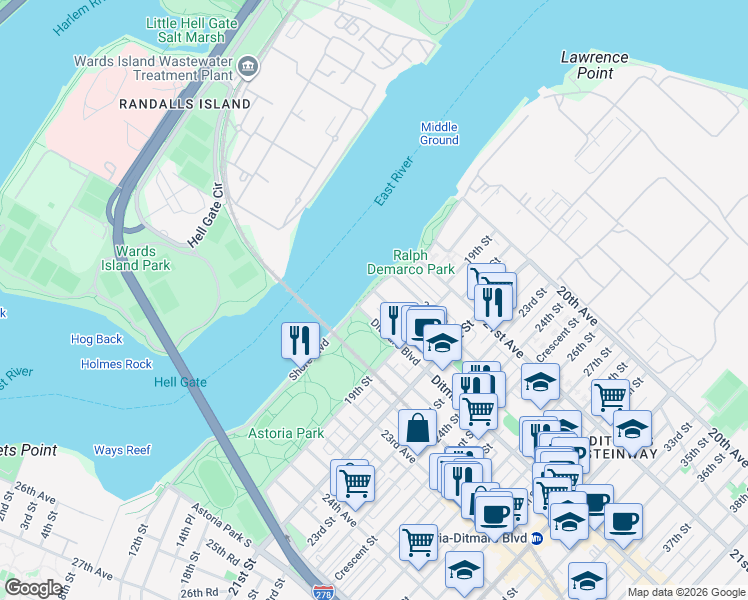 map of restaurants, bars, coffee shops, grocery stores, and more near 21-31 Shore Boulevard in Queens