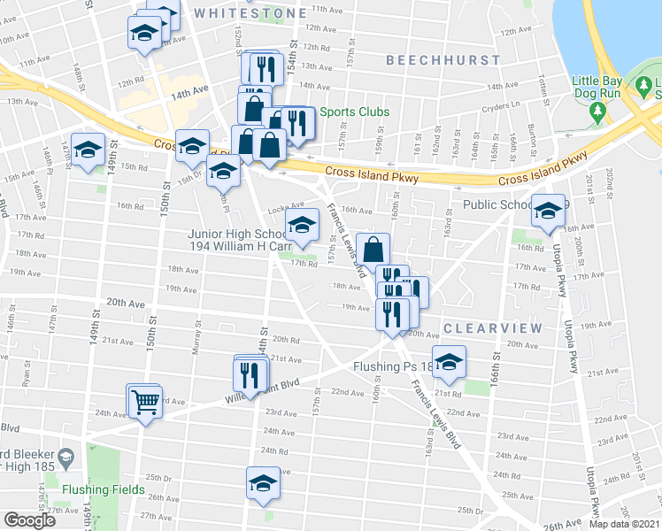 map of restaurants, bars, coffee shops, grocery stores, and more near 16-54 157th Street in Queens