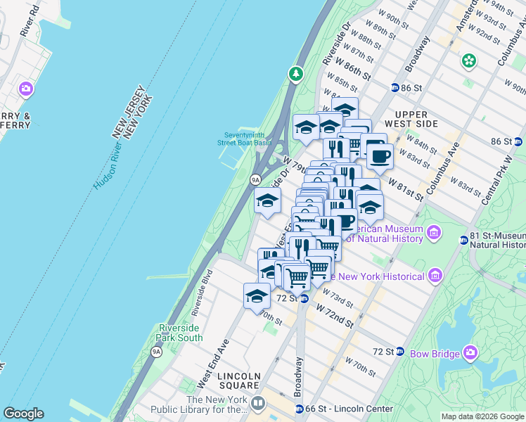 map of restaurants, bars, coffee shops, grocery stores, and more near 33 Riverside Drive in New York