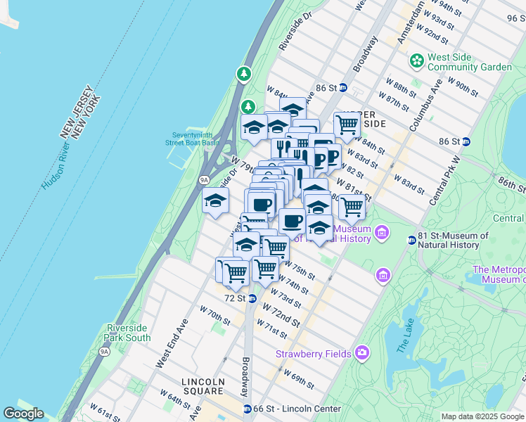 map of restaurants, bars, coffee shops, grocery stores, and more near 233 West 77th Street in New York