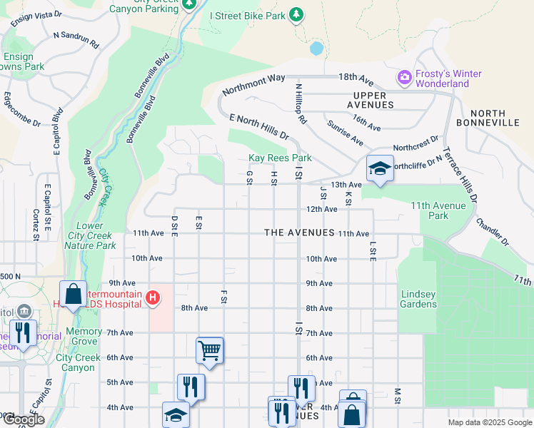 map of restaurants, bars, coffee shops, grocery stores, and more near 532 East 12th Avenue in Salt Lake City