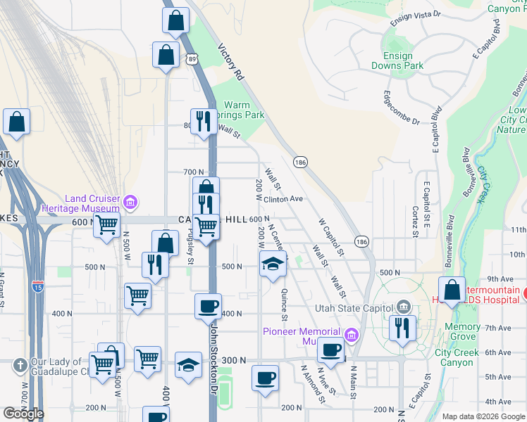 map of restaurants, bars, coffee shops, grocery stores, and more near 649 North 200 West in Salt Lake City
