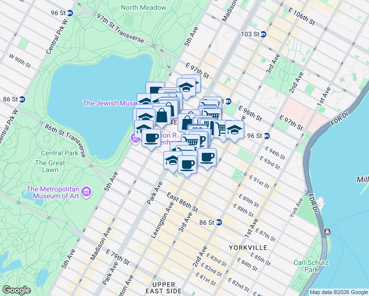 map of restaurants, bars, coffee shops, grocery stores, and more near 1147 Park Avenue in New York