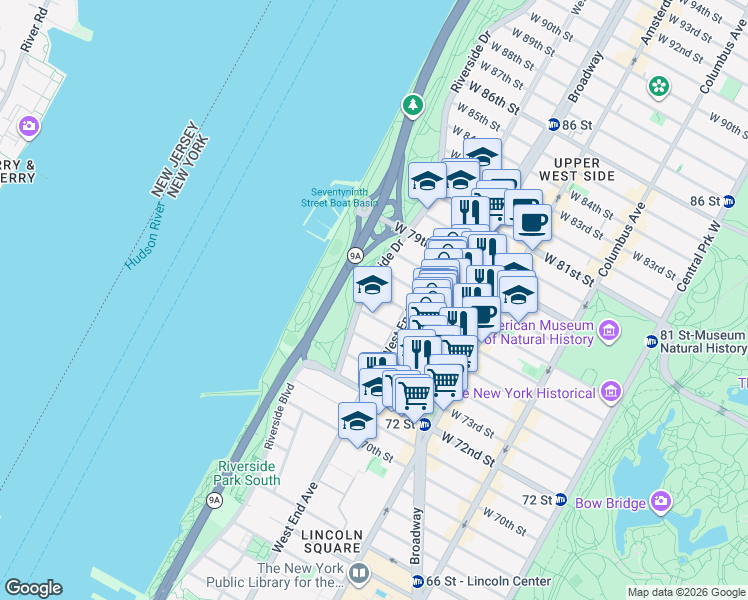 map of restaurants, bars, coffee shops, grocery stores, and more near 40 Riverside Drive in New York