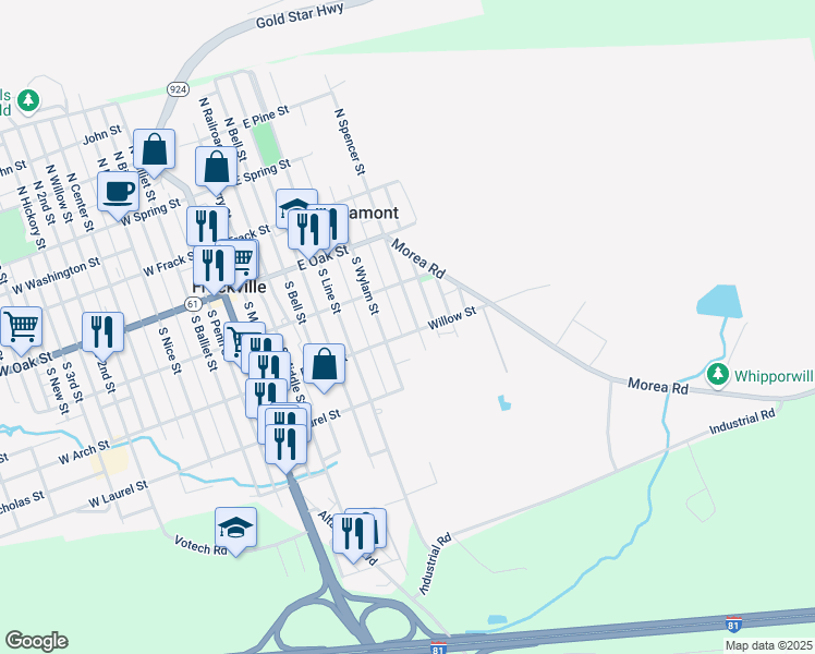 map of restaurants, bars, coffee shops, grocery stores, and more near 258 South Spencer Street in Frackville