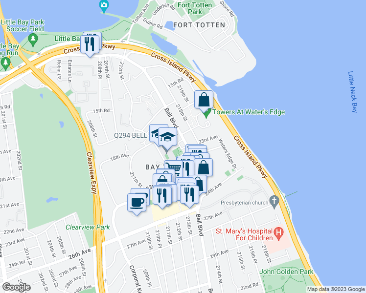 map of restaurants, bars, coffee shops, grocery stores, and more near 18-26 Bell Boulevard in Queens
