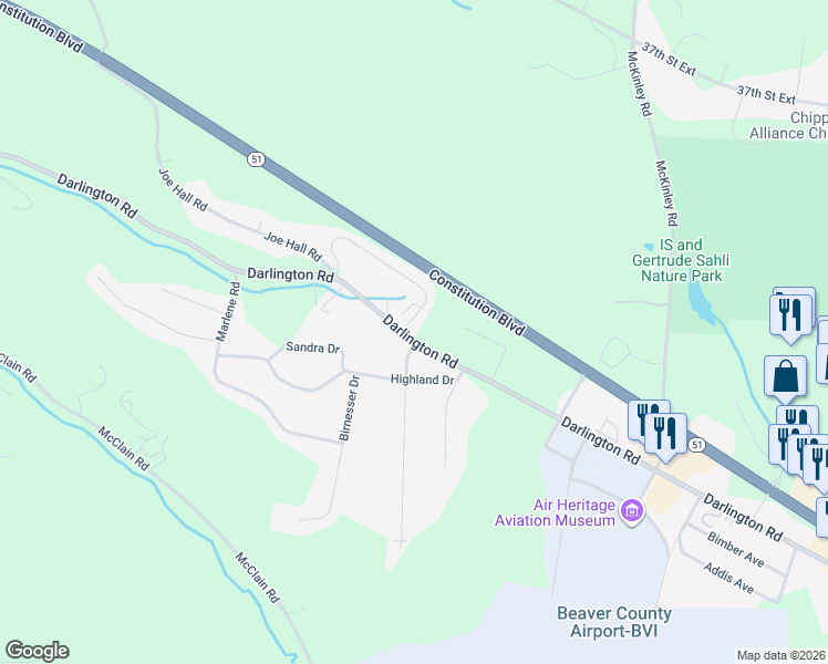 map of restaurants, bars, coffee shops, grocery stores, and more near 2902 Darlington Road in Beaver Falls
