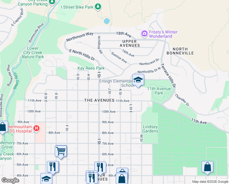 map of restaurants, bars, coffee shops, grocery stores, and more near 626 J Street in Salt Lake City