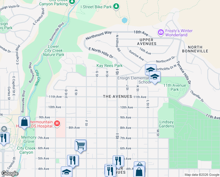 map of restaurants, bars, coffee shops, grocery stores, and more near 625 H Street in Salt Lake City
