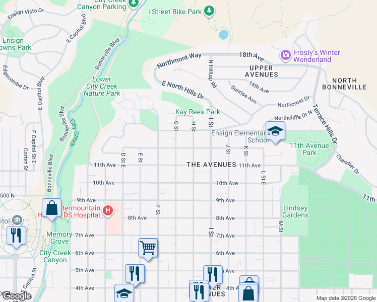 map of restaurants, bars, coffee shops, grocery stores, and more near 625 H Street in Salt Lake City